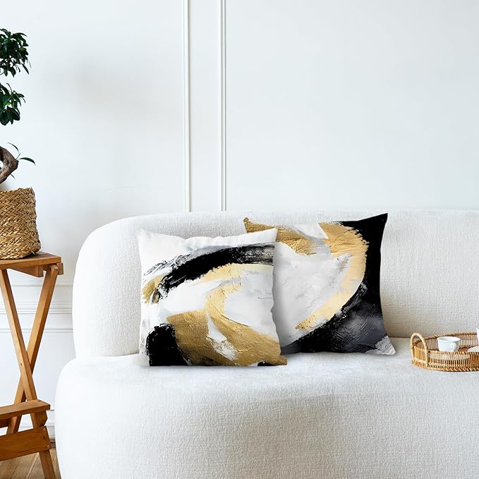 Abstract Black White and Gold Pillow Covers 22x22 Set of 2 - Modern Pillow Covers, Modern Home Decor, Black and Gold Decorative Pillows Cover for Couch Living Room Bedroom