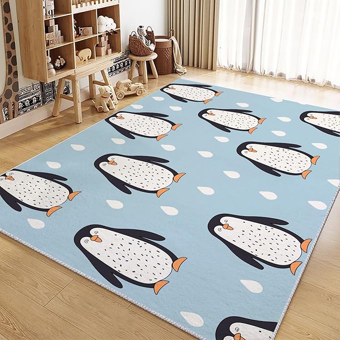 Area Rug for Living Room 4x6 ft Cartoon Penguin Scandinavian Style Machine Washable Non-Slip Rugs, Soft Accent Rugs, Lightweight Carpet, Foldable Easy Care, Stylish Indoor Area Rug