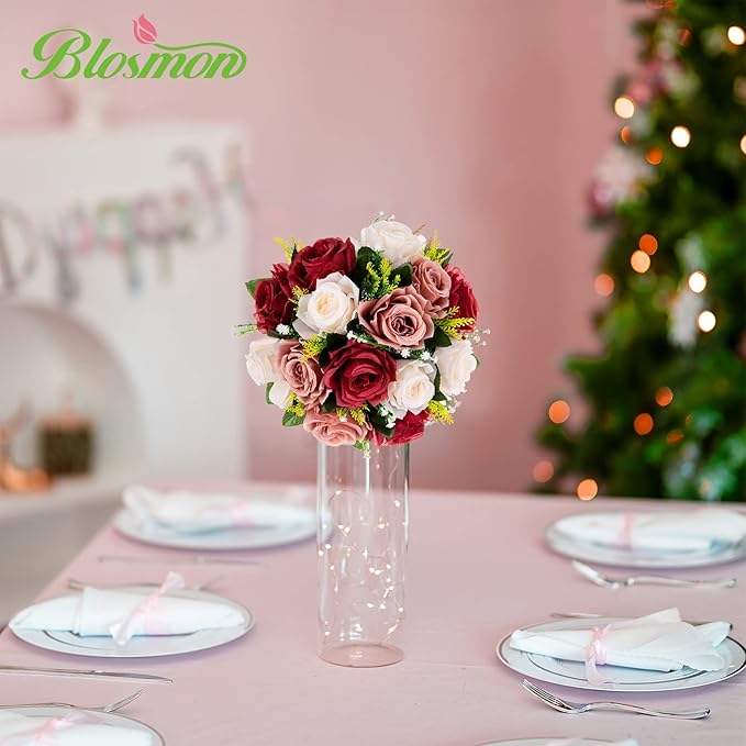 BLOSMON Wedding Flowers Centerpieces for Tables: 10 Pcs Burgundy & Dusty Rose & Creamy White Fake Roses Kissing Balls Decoration - Artificial Silk Floral Arrangements for Home Party DIY Decor