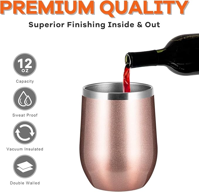 COMOOO 12oz Wine Tumbler with Lid and Straw, Insulated Wine Tumbler Cup, Stainless Steel Wine Glass Tumbler Stemless for Hot and Cold Drinks,Champagne,Cocktails, For Women, Rose gold