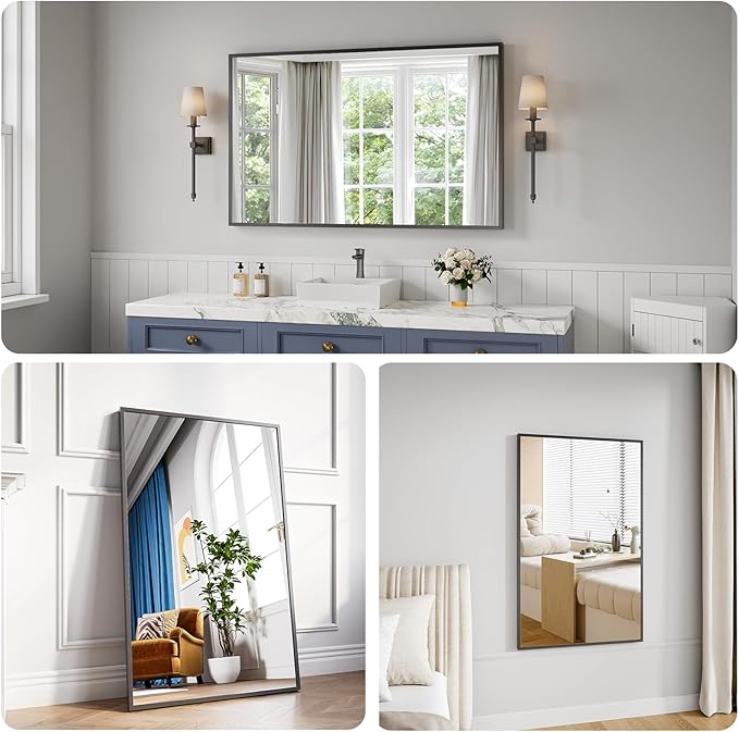 Koonmi Bathroom Mirror 30x48 Black Bathroom Wall-Mounted Mirrors, Modern Vanity Mirror for Bedroom, Living Room, Aluminum Alloy Frame Allow to Hang Horizontally or Vertically
