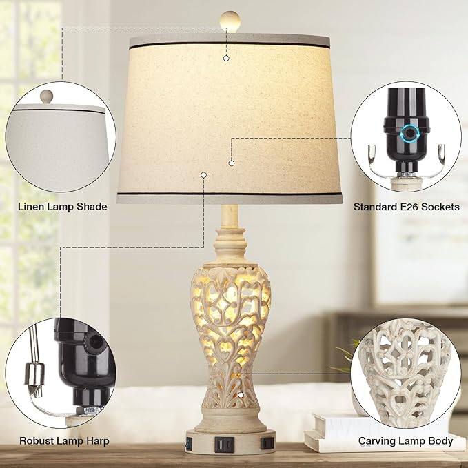 Table Lamps Set of 2, Farmhouse Table Lamps with Nightlight, Rustic Bedside Lamps with Dual USB & AC Outlet, 25.2'' Beige Vintage Nightstand Lamps for Bedroom Living Room, Bulbs Included