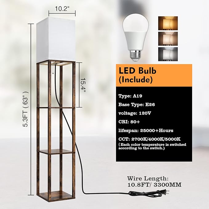 RUNTOP Floor Lamp with Shelves, Modern Shelf Lamp for Display Storage, 3 Color Temperature Wood Narrow Standing Corner Lamp with 8W Bulb for Living Room Decor, Bedroom, Office, Home Decor(Brown)