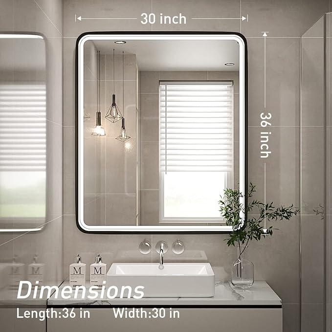 30X36 Inch LED Mirror for Bathroom,Black Metal Frame Lighted Vanity Mirror,Large Wall Mounted Makeup Mirror,6000K,Dimmable Anti-Fog