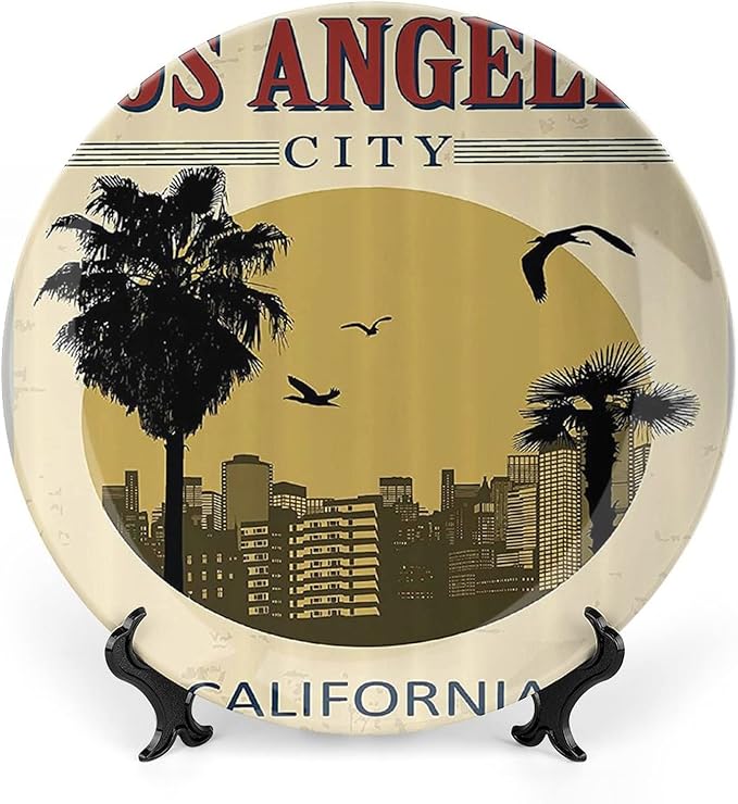 XISUNYA 6 Inch Decorative Plate, Vintage Tableware Plate, Los Angeles City from California Birds Vacation Journey Design Print Ceramic Wall Hanging for Home Office Party Dinner Table Decor