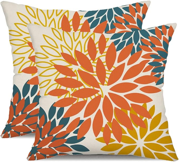 DFXSZ Orange Yellow Flower Pillow Covers 20x20 Inch Set of 2 Fall Throw Pillows Outdoor Waterproof Decor for Living Room Sofa Patio Funiture Garden Floral Polyester Pillow Covers 012E20