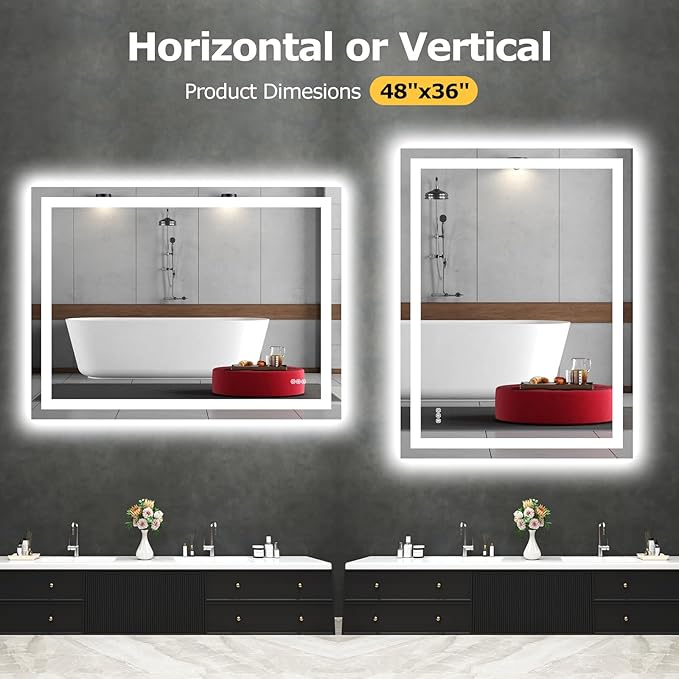 48X36 LED Bathroom Mirror with Lights, Anti-Fog, Dimmable, Backlit + Front Lit, Smart Bathroom Vanity Mirror, Memory Function, Shatterproof, Tempered Glass (Horizontal/Vertical)