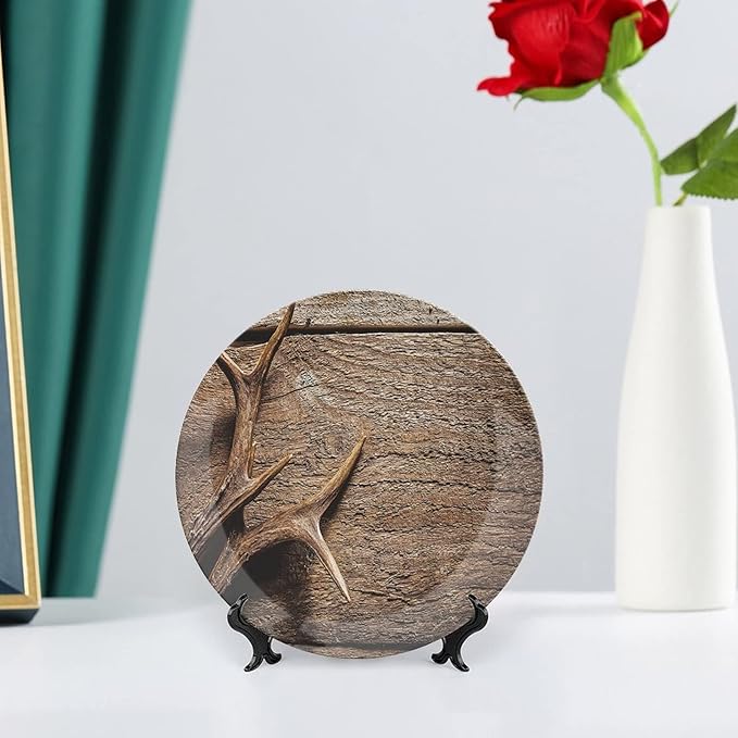 XISUNYA 10 Inch Decorative Plate, Antlers Tableware Plate, Deer Antlers On Wood Table Rustic Hunting Season Print Ornament Display Plate Decor Accessory for Dining, Parties, Wedding