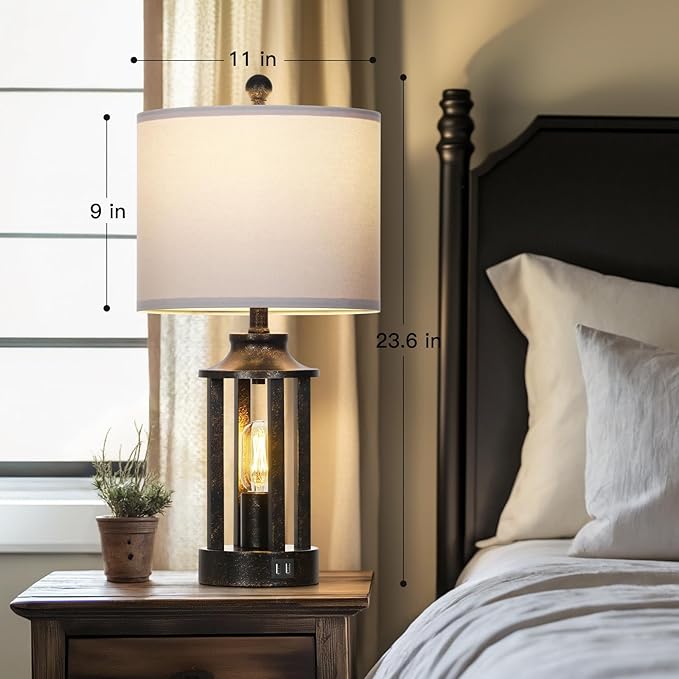 Farmhouse Table Lamps Set of 2, Vintage Living Room Lamps with 2 USB Ports, 3 Way Dimmable Touch Control Bedroom Lamp with 2 LED Nightlight, 23.5" Bedside Lamp for Nightstand Side End Table, Bronze