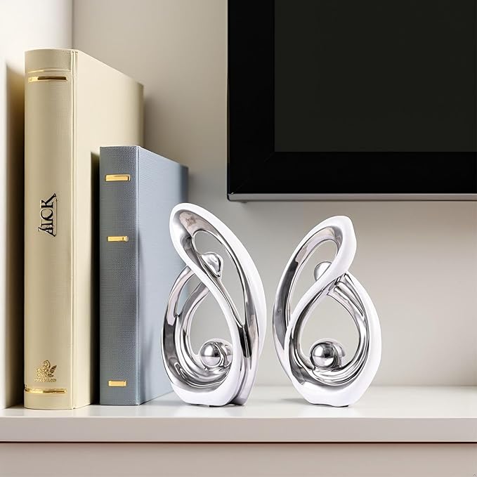 Home Decor Accent,Porcelain Art Mid Century Bookshelf Decorations,Gold Centerpieces for Tables,Abstract Ceramic Statue Sculpture for Coffee Table Mantel Tv Stand Centerpieces (White Silver, Small)