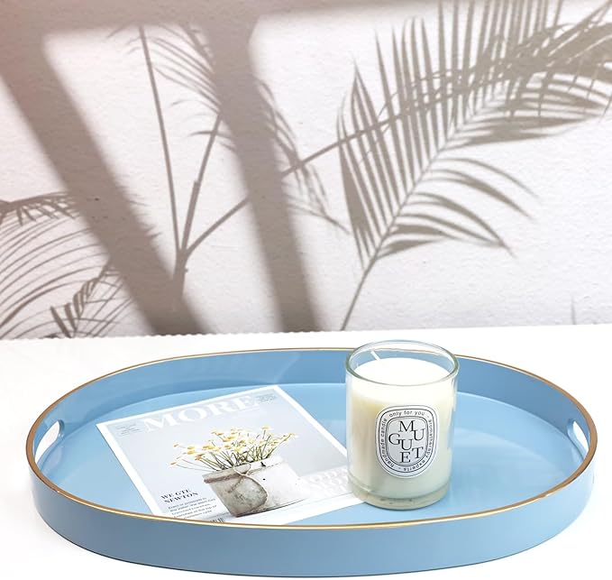 Spsyrine Blue Plastic Serving Tray for Ottoman, Coffee Table, Oval Decorative Tray for Entertaining, Outdoor, Living Room, Home Decor