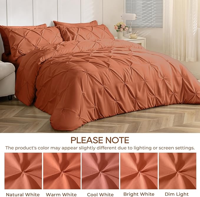 Sasttie King Size Comforter Set, 7-Piece Bed in a Bag, Pintuck Bedding Set for All Season, Includes Comforter, Flat Sheet, Fitted Sheet, Pillowcases and Pillowshams, Burnt Orange