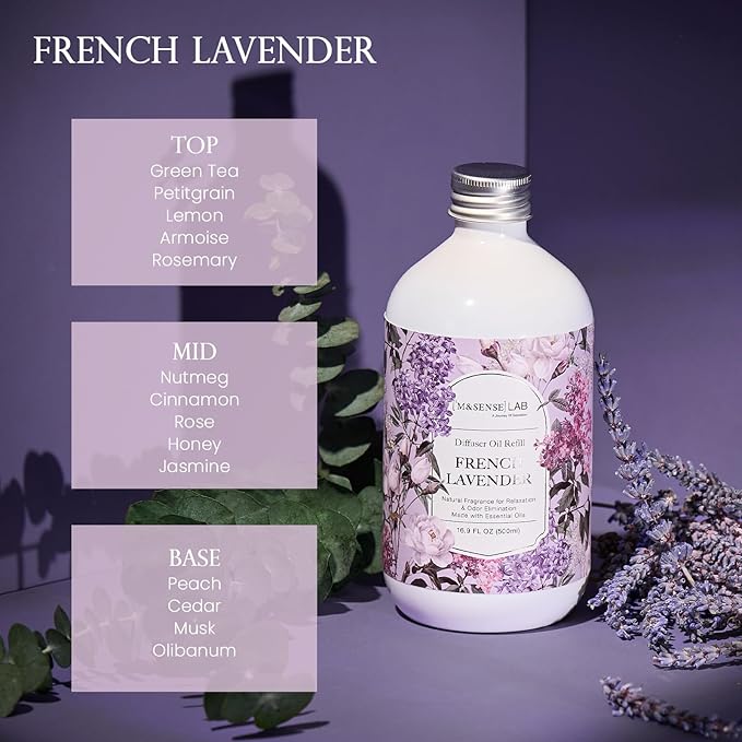 M&SENSE Reed Diffuser Oil Refill, 16.9oz (500ml) with 10 Hollow Reed Sticks, French Lavender Scent Home Fragrance, Scented Oil Refills, Natural Essential Oils for Diffusers, Décor for Home Spa Office