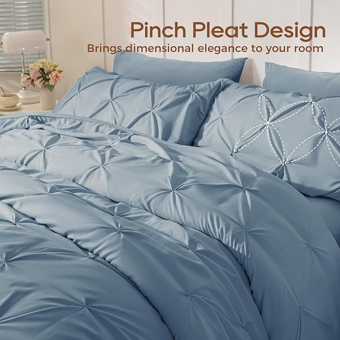 Sasttie King Size Comforter Set, 7-Piece Bed in a Bag, Pintuck Bedding Set for All Season, Includes Comforter, Flat Sheet, Fitted Sheet, Pillowcases and Pillowshams, Slate Blue