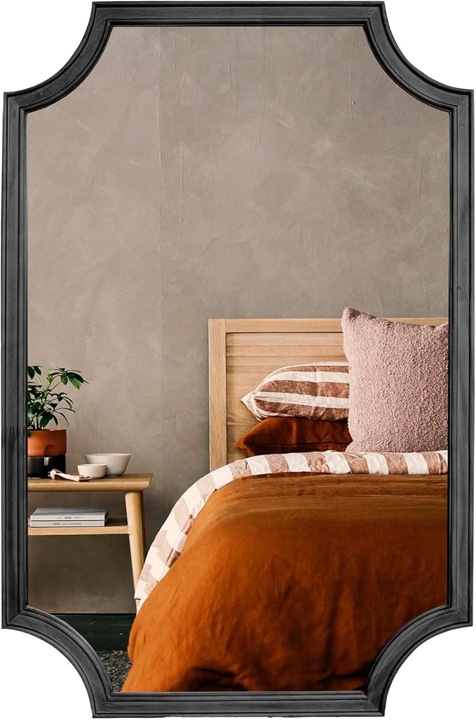 WallBeyond 24" x 36" Full Scalloped Corners Arch Rectangle Wall Mirror with Wood Frame for Entryway, Living Room or Bedroom Home Decor - Light Woodgrain [24" x 36" Black]