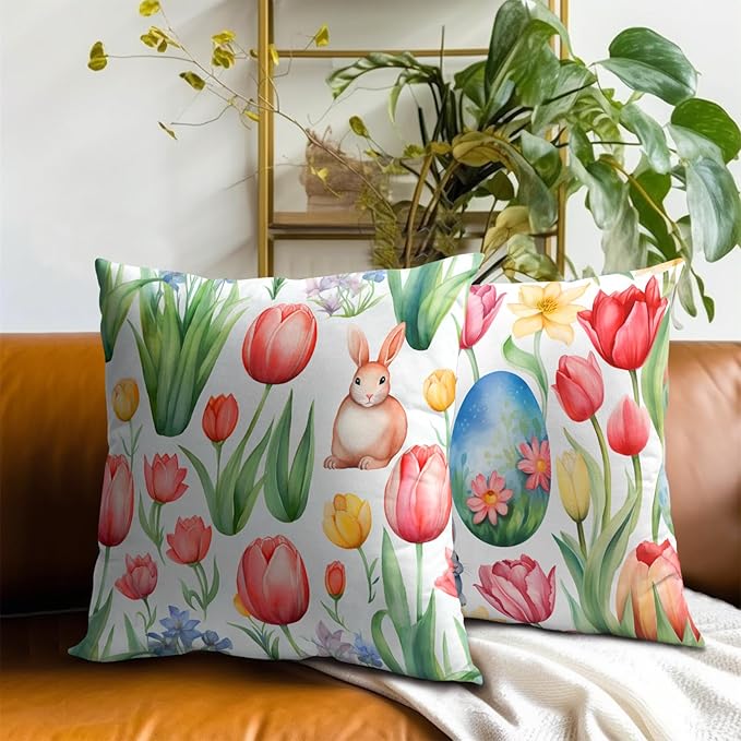 Easter Day Throw Pillow Covers - Sping Bunny Pillow Covers 20x20 Inch Set of 2 Floral Rabbit Pillowcase Colored Tulip Flower Cushion Cover for Couch Sofa Garden Patio