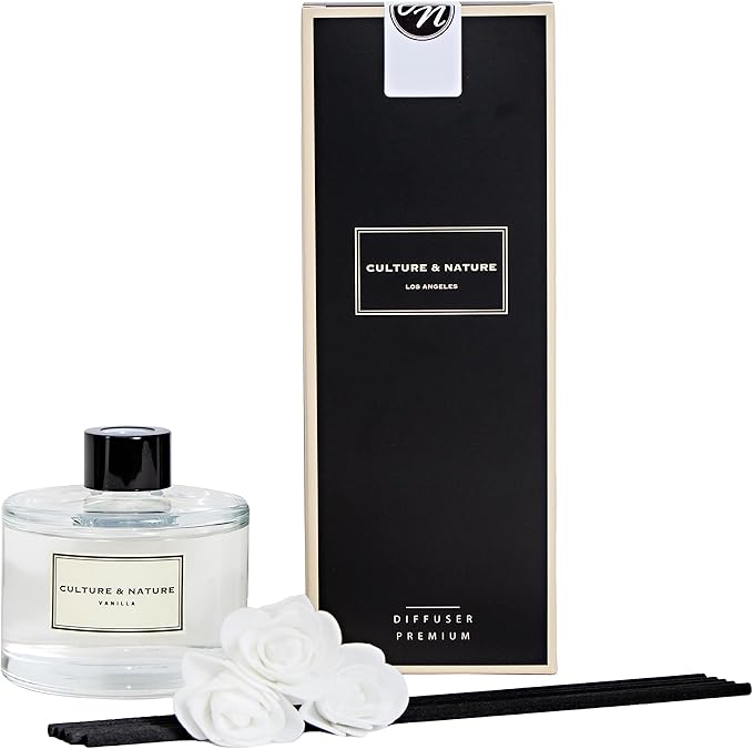 CULTURE & NATURE Reed Diffuser Set 6.7oz (200ml) Vanilla Scented Diffuser with Sticks Home Fragrance Reed Diffuser for Bathroom Shelf Decor