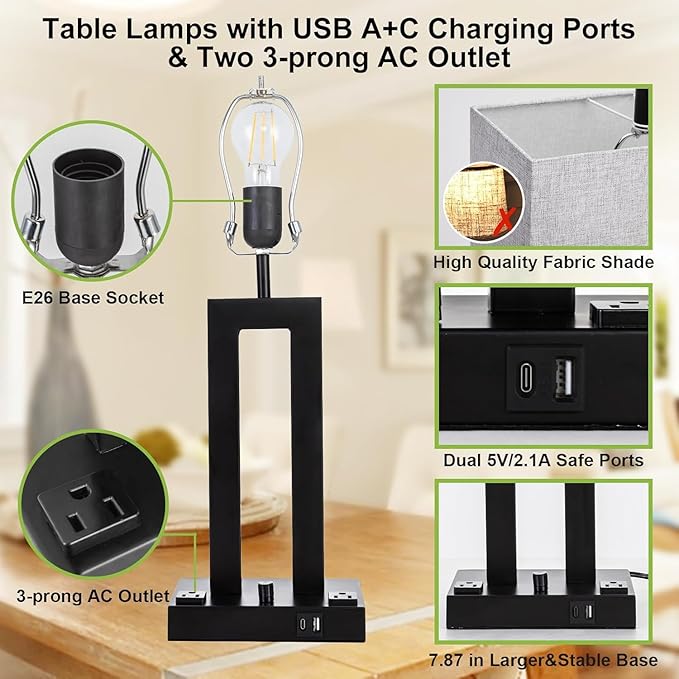 Modern Table Lamps Set of 2-22" Tall Bedside Lamps with USB-C/USB-A Charge Ports & Outlet, Stepless Dimmable Fabric Gray Shade Nightstand Lamps for Bedroom & Living Room
