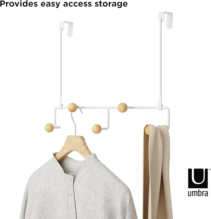 Umbra Estique Over The Door Coat Rack & Multi-Use Organizer, For Coats, Bags, Hats & More, Small, White/Natural