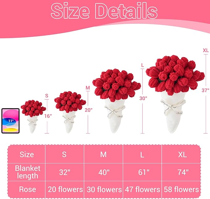 CULVE Crochet Flower Bouquet Blanket Finished, Hand Knitted Rose Throw Blankets, 61 Inch Graduation Gifts Sofa Blanket for Wedding Flowers Room Decor
