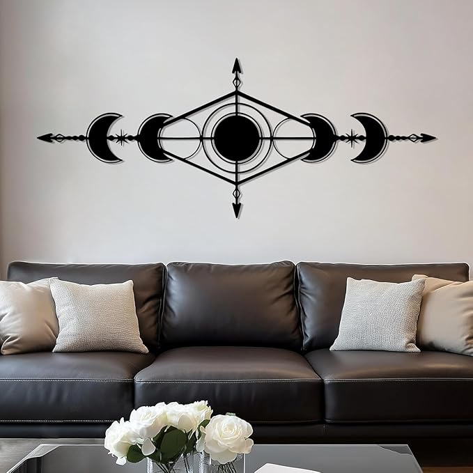 Hfrolixit Moon Phase Metal Wall Decor, Boho Moon Metal Wall Art, Celestial Wall Decor, Scandinavian Natural Wall Art, Astrology Wall Hanging (Black, 30"x12"/76x31cm)