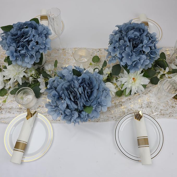 Flower Table Centerpieces - Set of 6 Floral Arrangement Artificial Wedding Hydrangeas Floral Arrangement with Rustic Metal Vase for Bridal Tea Party Event Decorations - Dusty Blue