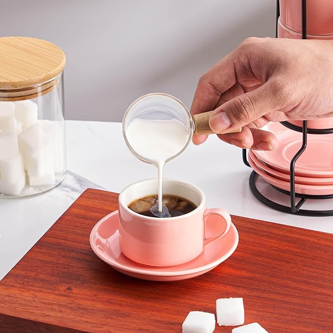 4oz Porcelain Stackable Espresso Cups with Saucers and Metal Stand Set of 4, Stackable Cappuccino Cups, Pink Expresso Shots Cup Set for Coffee Drinks, Latte, Americano, Tea
