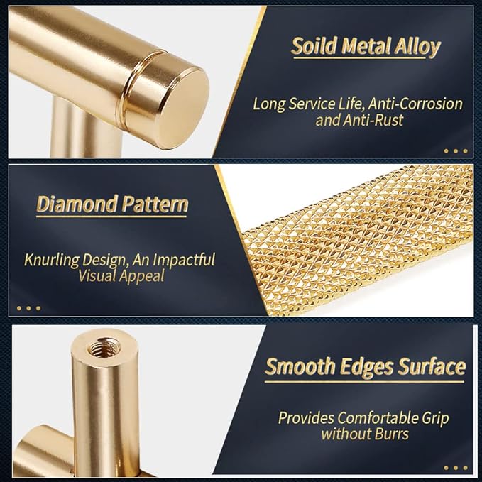 Knurled Cabinet Pulls 12 Pack, 3.5 Inch Long Cabinet Handles Metal Door Pulls, Kitchen Drawer Pull Knurled Dresser Handles - 2 1/2" Hole to Hole, Golden