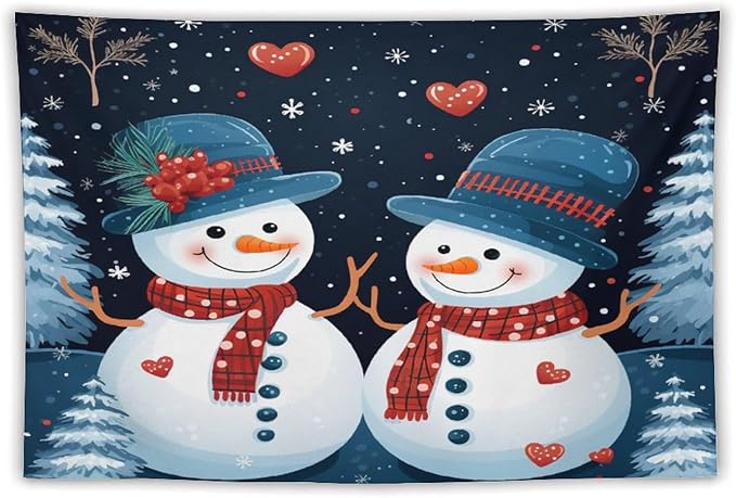 MaSiledy Snowman Couple Tapestries Christmas Cute Snowman Tapestries for Bedroom Landscape Tapestry Home Decoration for Living Room Bedroom 60"x90" Holiday Scene Banner for Winter Christmas Party