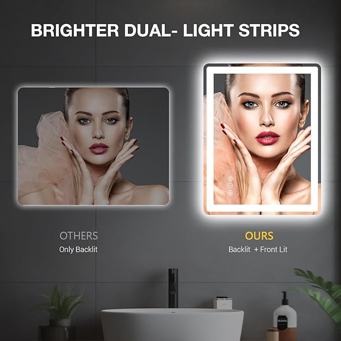 24x32 LED Mirror for Bathroom, Rounded Rectangle Mirror with Backlit + Front Lit, Bathroom Mirror with Lights, Anti-Fog, Dimmable, Lighted Vanity Mirror Tempered Glass(Horizontal/Vertical)
