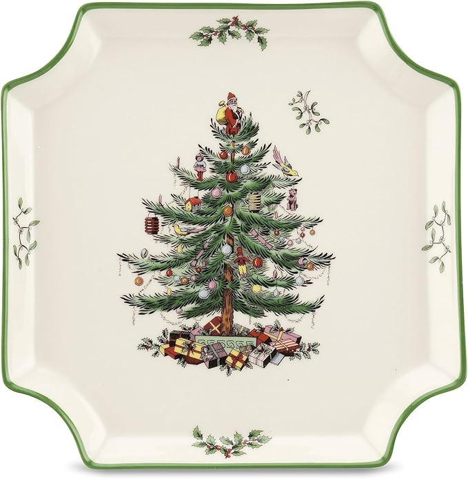 Spode Christmas Tree Canape Plate - 8" Holiday Serving Dish for Appetizers, Desserts, Treats - Fine Porcelain with Red Border, Dishwasher Safe - Ideal Christmas Tableware