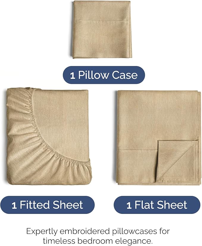 Twin Size 3 Piece Sheet Set - Comfy Breathable & Cooling Bed Sheets Set - Hotel Luxury Bedding for Women, Men, Kids, Teens, Boys & Girls - Deep Pockets, Soft & Wrinkle Free - Tan (Heathered Sheets)