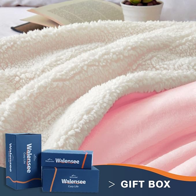 Walensee Sherpa Fleece Blanket (Queen Size 90”x90” Pink) Plush Throw Fuzzy Super Soft Reversible Microfiber Flannel Blankets for Couch, Bed, Sofa Ultra Luxurious Warm and Cozy for All Seasons