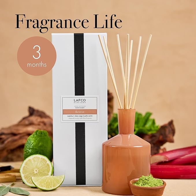 LAFCO New York Classic Reed Diffuser, Retreat - 6 oz - Up to 3 Months Fragrance Life - Reusable Glass Vessel - Natural Wood Reeds - Made in The USA