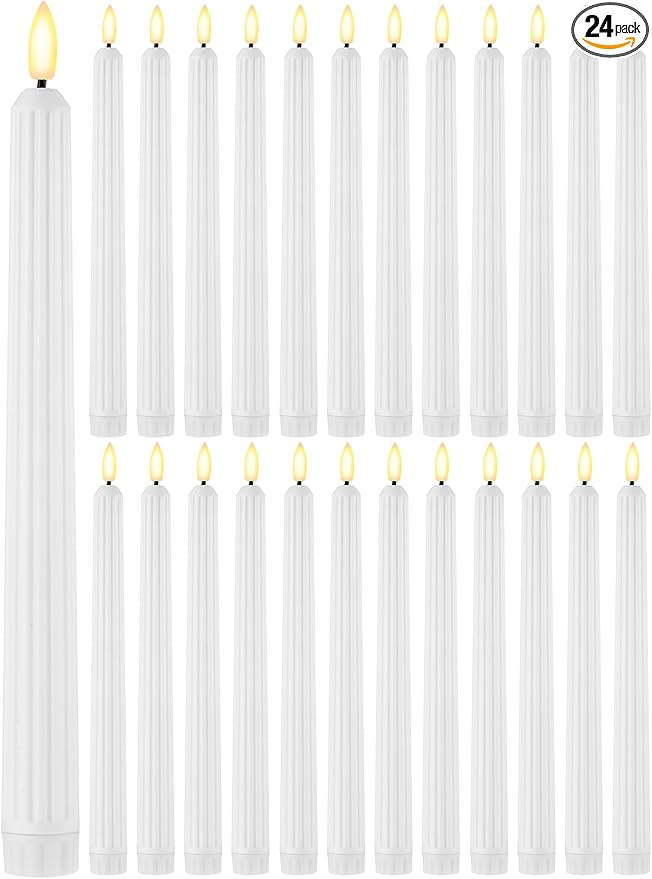 Treela 24 Pcs Flameless Taper Candles Battery Operated Bulk Fake 11 Inch Candles Light LED Candlesticks Flickering Tapered for Wedding Halloween Christmas Decoration(White,Roman Column)