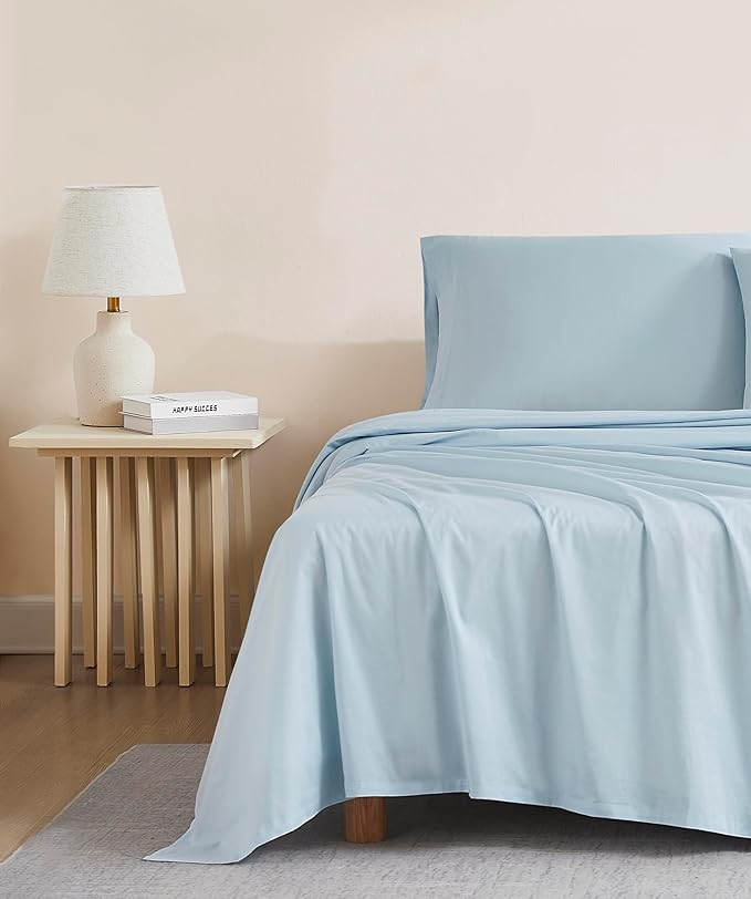Linen Closet Organic 100% Cotton Queen Sheet 4 Pcs Set, 18” Deep Pocket, Light Blue | Lightweight, Eco-Friendly Cotton, Percale Softness, Durable & Breathable, Naturally Cooling | All Season Comfort