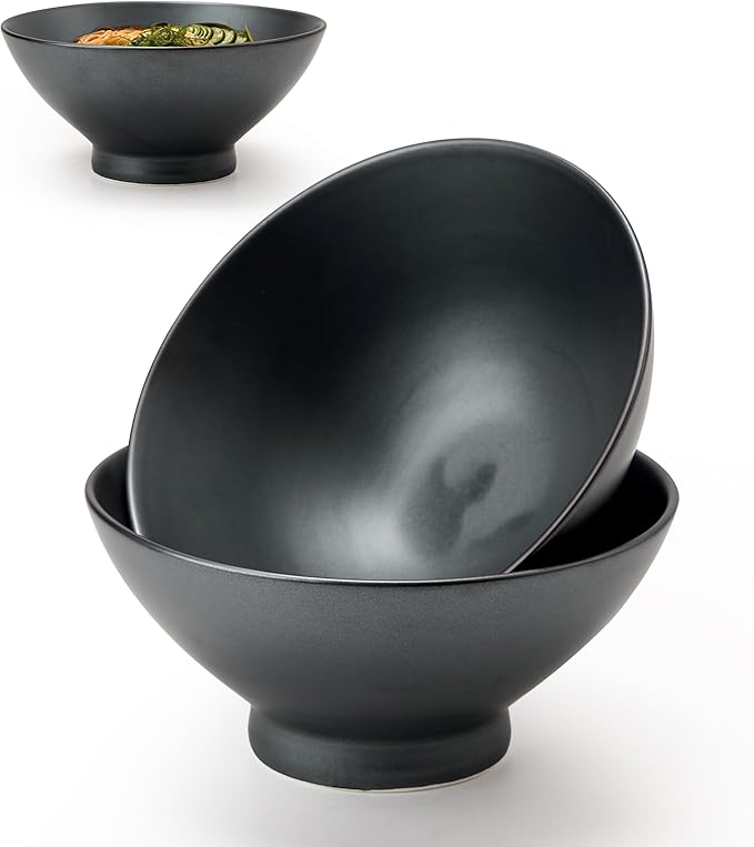 Ceramic Japanese Ramen Bowl Set, 8 Inch Large Noodle Bowl Set of 2, Dishwasher Safe for Asian Pho Udon Soba Noodle, Salad Pasta, Deep Soup Bowls, Black Reactive Metallic Color