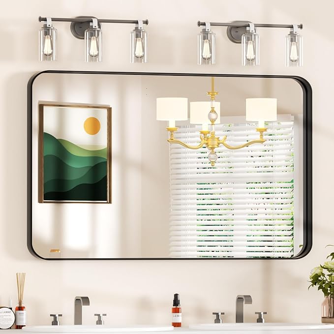 48×30 Black Mirror for Bathroom Sink - Rectangle Mirrors for Vanity with Rounded Corners & Tempered Glass for Bathroom, Restroom, Entryway, Horizontal/Vertical Wall Mounted, Aluminum Frame