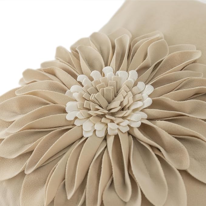 JWH Decorative Flower Throw Pillow Covers 3D Sunflower Pillow Case Velvet Cushion Floral Pillowcase for Bed Living Room Couch Chair Decor 18x18 Inches Camel White
