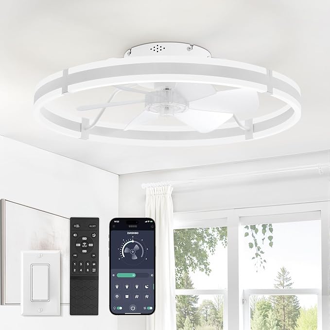ZMISHIBO 24 Inch Ceiling Fans with Lights and Remote, Modern Low Profile Ceiling Fan, 3000-6000K Dimmable Flush Mount LED Fan Light, 6 Wind Speeds, Fandelier Ceiling Fans for Bedroom- White