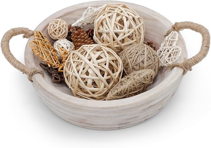 Wooden Decorative Bowls, 11.2 Inch Premium Round Serving Bowl with Rope Handles for Home Decor, Round Paulownia Wood Centerpiece Bowl for Coffee Table(Natural)