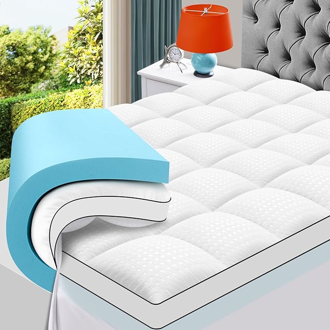 MASVIS Full Size Dual Layer 4 Inch Memory Foam Mattress Topper, 2 Inch Gel Memory Foam and 2 Inch Cooling Pillow Top Mattress Pad Cover for Back Pain, Medium Support
