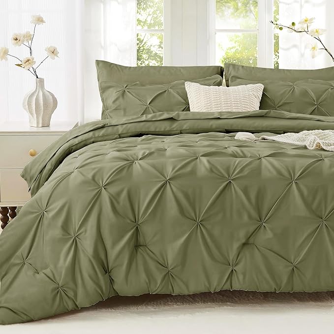 Sasttie Twin XL Comforter Set, 5-Piece Bed in a Bag, Pintuck Bedding Sets for All Season, Includes Comforter, Flat Sheet, Fitted Sheet, Pillowcase and Pillowsham, Olive Green