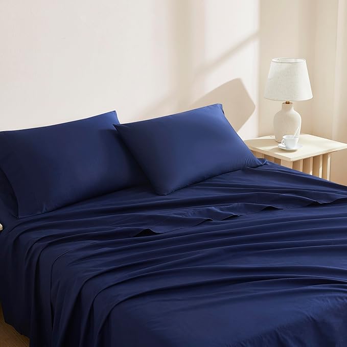 Linen Closet 100% Organic Cotton Twin Sheet 3 Pcs Set, Cotton Sheets with 16” Deep Pocket, Navy | Bed Sheets for College Dorm Essential, Crisp & Breathable, Percale, Comfy, Naturally Cooling