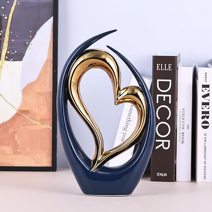 Ceramic Heart Decor Love Statue, Navy Blue Gold Double Hearts Sculptures for Home Table Centerpiece Decor, Valentine, Wedding, Decorative Items for Shelves, Coffee Table Decor (Hug Heart-Tall)