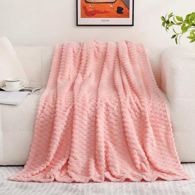 Puncuntex Pink Throw Blanket 50"×60" inches Gifts for Mom Fuzzy 3D Jacquard Decorative Flannel Fleece Super Soft Plush Cozy Blanket for Couch Sofa Chair Lightweight