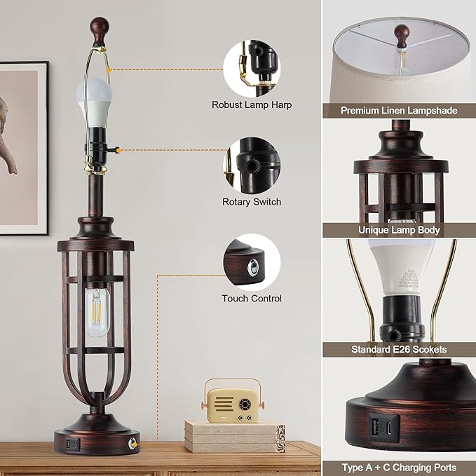 28" Table Lamps for Living Room Set of 2, Farmhouse Bedroom Lamps for Nightstand with USB A+C, Rustic Bedside Lamps for End Tables, Bulbs Included