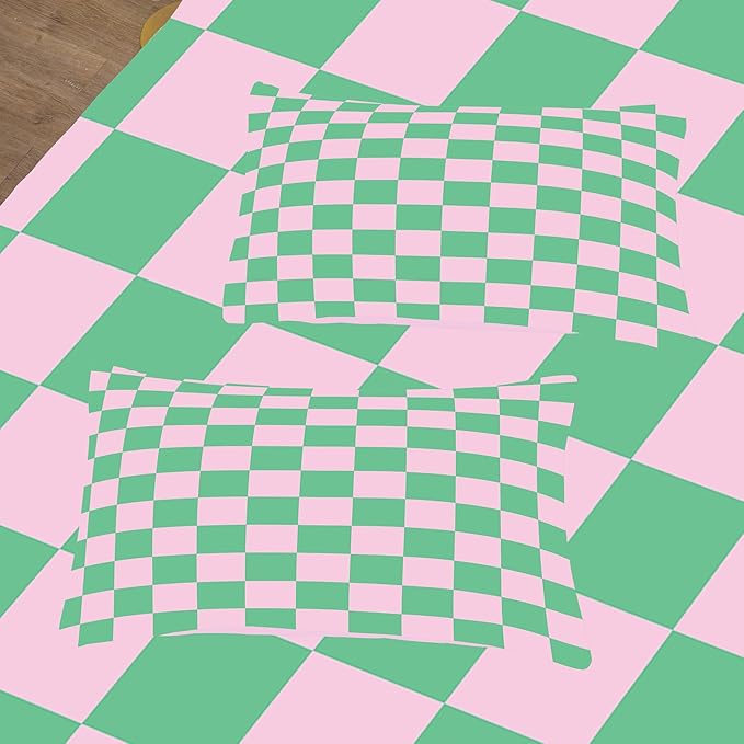Tailor Shop Green Pink Plaid Comforter Sets King Women Men Green Checkerboard Grid Bedding Boys Girls Modern Grass Checkered Geometric Quilts Aesthetic Room Decor with 2 Pillowcases…