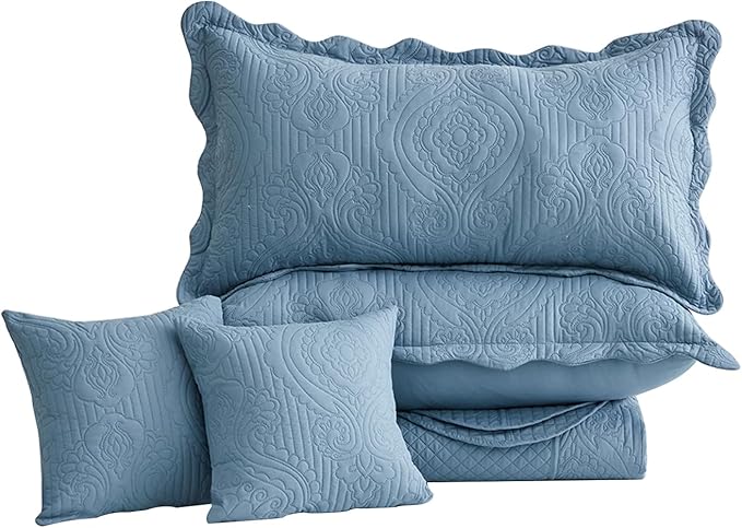 HZ & HY Oversized King Bedspread 128x120 Extra Wide, Ultrasonic Coverlet Bedding Set, Lightweight Thin Comforter, Reversible, 5 Piece, 100% Microfiber, Ashley Blue