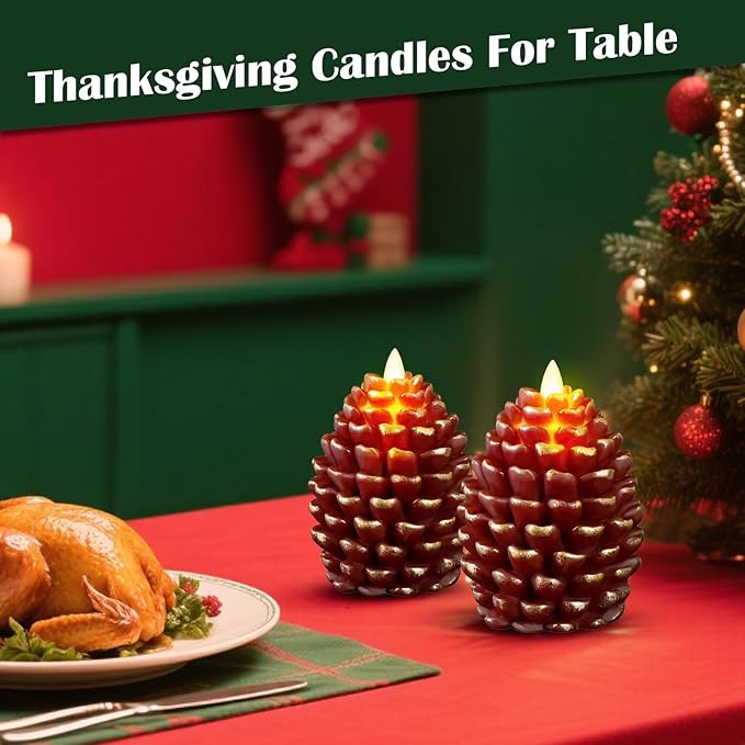 Christmas Pinecone Candles Flameless,Battery Operated Candles with Flickering Wick,Indoors Fake Candle,Christmas Candle Pine Cones Holiday Decor,Winter Thanksgiving Decorations,Set of 2